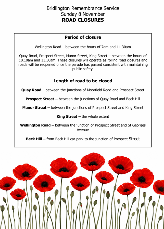 Photo of A poster describing the road closures that will occur on the morning of Sunday 8th November.